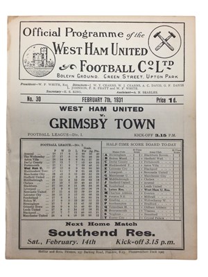 Lot 224 - West Ham v Grimsby Town February 7th 1931 Football League Division I - Ex binder