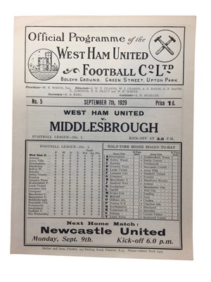 Lot 234 - West Ham v Middlesbrough Septembe 7th 1929 Football League Division I - Ex binder