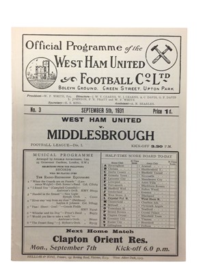Lot 235 - West Ham v Middlesbrough September 5th 1931 Football League Division I - Ex binder