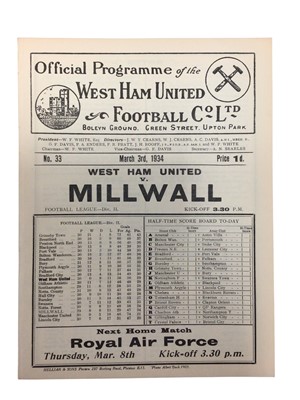 Lot 236 - West Ham v Millwall March 3rd 1934 Football League Division I - Ex binder