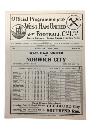 Lot 242 - West Ham v Norwich City February 13th 1937 Football League Division II - Ex binder