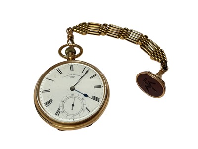 Lot 111 - Victorian 18ct gold cased pocket watch retailed by W. Wagstaff, Islington (London 1891) on a yellow metal gate chain with fob seal