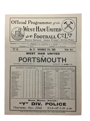 Lot 246 - West Ham v Portsmouth November 17th 1928 Football League Division I - Ex binder