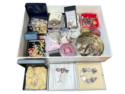 Lot 120 - Group of costume jewellery including Victorian silver key brooch, coin bracelet, various gold plated ladies' wristwatches etc