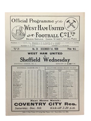 Lot 250 - West Ham v Sheffield Wednesday December 1st 1928 Football League Division I - Ex binder