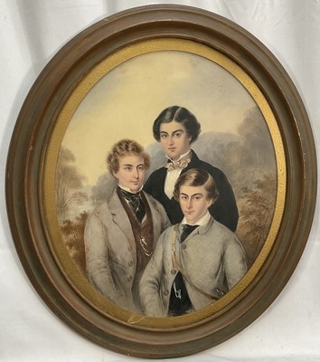 Lot 125 - Mid 19th century English school portrait of three brothers, in original oval glazed gilt frame