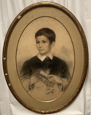 Lot 126 - Amy Giampietri - 19th century pastel portrait of a young boy with a toy train, John Francis Elwes age 10, signed and dated 1887, in original oval glazed gilt frame