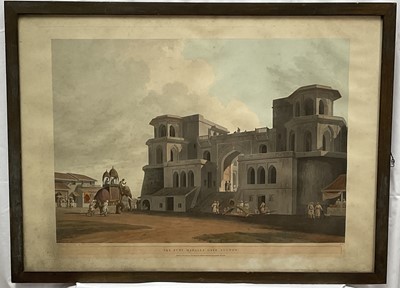 Lot 127 - Thomas & William Daniel - 19th Century coloured engraving of 'The Punj Mahalla Gate, Lucnowk', in glazed frame