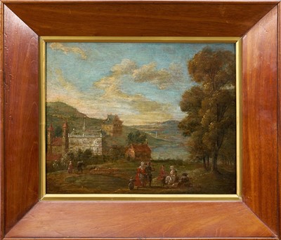 Lot 1007 - Continental School, 18th century, pair of oils on panel - Figures in Extensive Landscapes, 26cm x 31cm, in mahogany frames