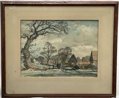 Lot 1066 - Frederick William Baldwin (1899-1984) group of three watercolours - Rural Landscapes, signed and dated 1954 and 1955, 29cm x 39cm, in glazed oak frames