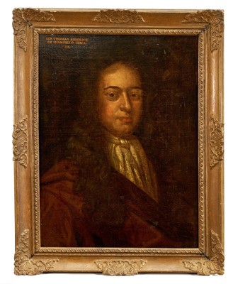 Lot 1173 - English School, 18th century, oil on canvas - Portrait of a Gentleman, named verso as Sir Thomas Ambrose of Fitzwalters and Shenfield Hall
