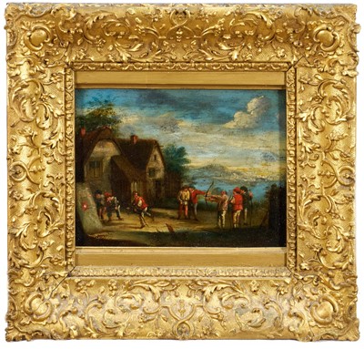 Lot 1005 - Continental School, 18th century, oil on panel - The Archers, 15cm x 19cm, in gilt frame