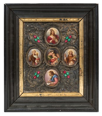 Lot 736 - 19th century Continental reliquary picture with five hinged panels on repoussé background