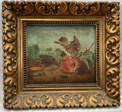 Lot 1006 - Continental School, 19th century, oil on canvas - Still Life with Sparrows and Apple, 23cm x 26cm, in gilt frame