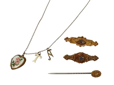 Lot 12 - Two Victorian 9ct gold bar brooches, Victorian 15ct gold stick pin, an enamel heart shaped locket and two old initial pedants on 9ct gold chain