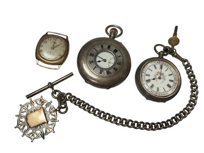 Lot 14 - 9ct gold cased Avia wristwatch, silver half hunter pocket watch and a Victorian silver fob watch on silver chain with a silver fob