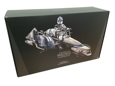 Lot 682 - Star Wars Hot Toys 1:6 scale Heavy Weapons Clone Trooper & Barc Speeder with sidecar, with box TMS 077 & Disney Sideshow Speeder Bike, with box 100121, both DISPLAYED action figures (Con...