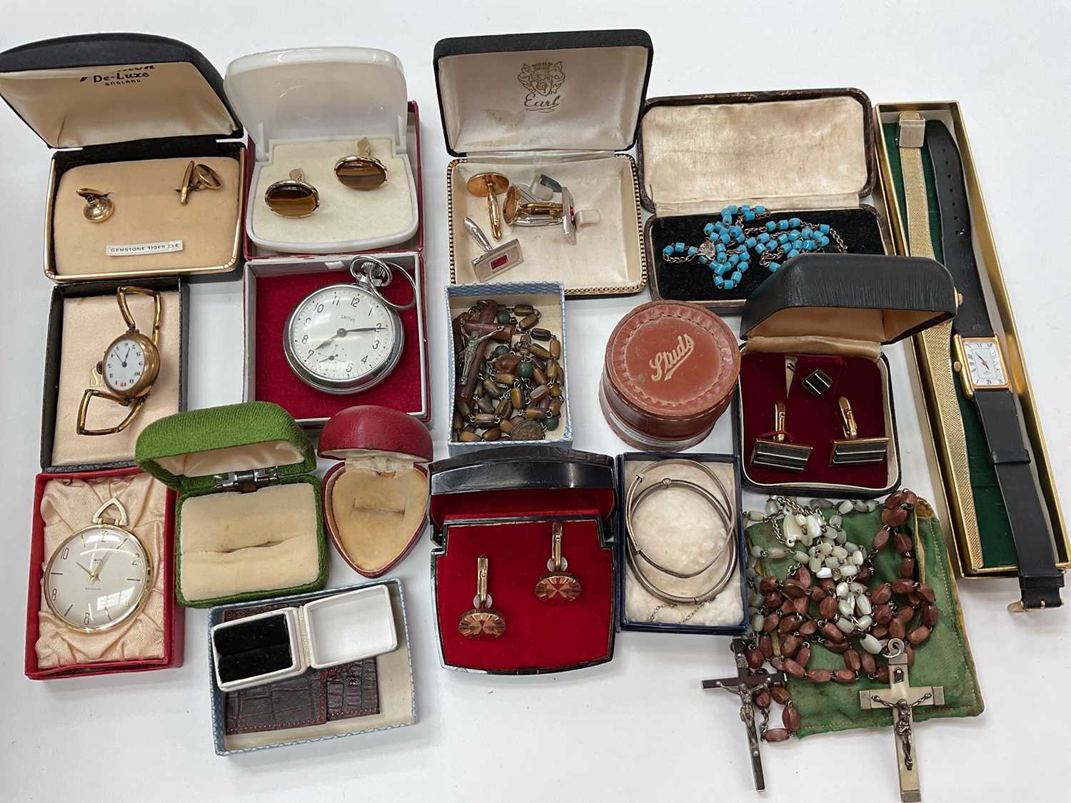 Lot 1025 - Vintage rosary beads, vintage watches, various cufflinks and costume jewellery