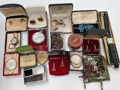Lot 1025 - Vintage rosary beads, vintage watches, various cufflinks and costume jewellery