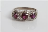 Lot 3282 - White gold (18ct) ruby and diamond triple...