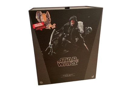 Lot 686 - Star Wars Hot Toys Deluxe Version 1/6th scale Darth Maul with Sith Speeder, with box DX17 & Emperor & Throne, with box MMS468, (DISPLAYED models contents may be incomplete) (2)