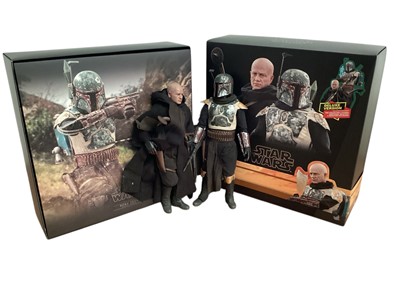 Lot 685 - Star Wars Hot Toys 1/6th scale Boda Fett Deluxe Version, with box TMS034 & Han Solo & Chewbacca MMS263 (DISPLAYED models contents may be incomplete) (2)