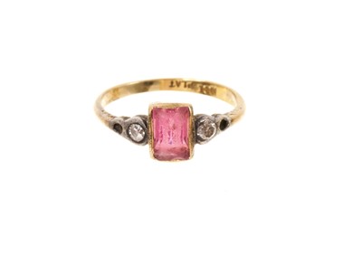 Lot 400 - Pink tourmaline and diamond three stone ring, circa 1922