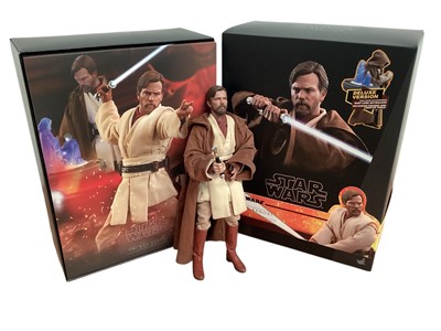 Lot 675 - Star Wars Hot Toys 1/6th scale Obi-Wan Kenobi MMS283, Kylo REN MMS560, Cobb Vanth TMS084, Rey & D-O MMS559, Qui-Gon Jinn MMS525 & Obi-Wan Kenobi deluxe version MMS478, with boxes (DISPLA...