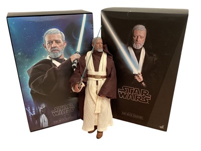 Lot 675 - Star Wars Hot Toys 1/6th scale Obi-Wan Kenobi MMS283, Kylo REN MMS560, Cobb Vanth TMS084, Rey & D-O MMS559, Qui-Gon Jinn MMS525 & Obi-Wan Kenobi deluxe version MMS478, with boxes (DISPLA...