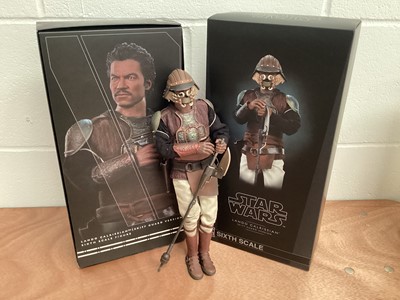 Lot 674 - Star Wars Hot Toys 1/6th scale Kylo Ren MMS320, Wicket MMS550, Cad Bane deluxe version TMS080 and Sideshow Lando Calrissan (Skiff Guard Version), C-3PO & Heroes RebellionPrincess Leis, with...