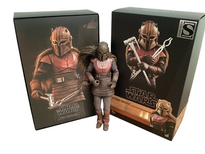 Lot 680 - Star Wars Hot Toys 1/6th scale Hunter TMS050, The Mandalorian & Grogu TMS052, Jango Fett MMS589 & Sideshow The Armorer TMS044, with boxes (DISPLAYED models contents may be incomplete) an...