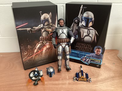 Lot 680 - Star Wars Hot Toys 1/6th scale Hunter TMS050, The Mandalorian & Grogu TMS052, Jango Fett MMS589 & Sideshow The Armorer TMS044, with boxes (DISPLAYED models contents may be incomplete) an...