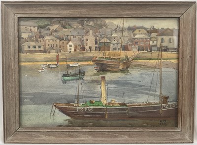 Lot 20 - Editha Bartlett (1890-1979) watercolour of Penzance harbour, fishing boat, monogrammed and dated 1922, 25cm x 32cm, glazed frame