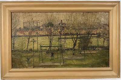 Lot 92 - S. Carratt oil on board - Playground, exhibited Young Contemporaries 1949