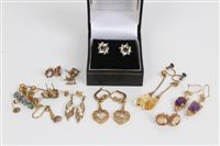 Lot 3293 - Group of gold and gem set earrings - mostly...