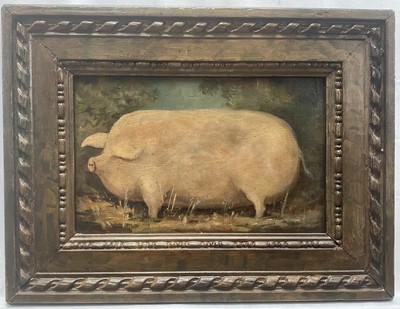 Lot 32 - English School, oil on panel - A Prize Pig, 16.5cm x 27cm, in carved wooden frame
