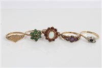 Lot 3297 - Four gold (9ct) gem set dress rings and gold...