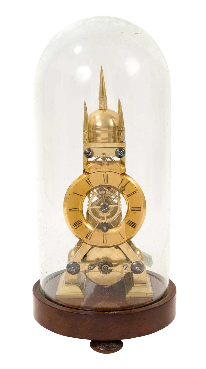 Lot 625 - Victorian brass skeleton clock, the dial inscribed Cockburn, Richmond, 168, with single fusée movement, under glazed dome (damaged)