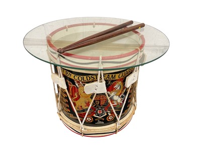 Lot 787 - Fine George V Coldstream Guards side drum by Henry Potter with sticks and glass circular coffee table top