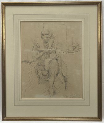 Lot 43 - Philip Howard Evergood (American 1901-1973) pencil drawing - - Seated figure sewing in an interior, signed and dated '30, 35cm x28cm, glazed frame