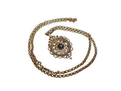 Lot 4 - 9ct gold garnet and synthetic white stone pendant on 9ct gold belcher link chain
