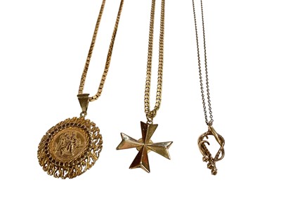 Lot 5 - 9ct gold St. Christopher pendant on 9ct gold box link chain, 9ct gold Maltease cross on 9ct gold flat curb link chain and one other 9ct gold pendant on 9ct gold chain