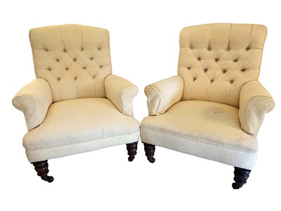 Lot 1251 - Pair of late Victorian buttoned back armchairs on turned mahogany legs and castors, 70cm wide x 72cm deep