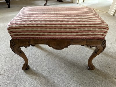 Lot 1252 - Queen Anne style rectangular walnut stool on carved cabriole legs and upholstered top, 65cm x 38cm