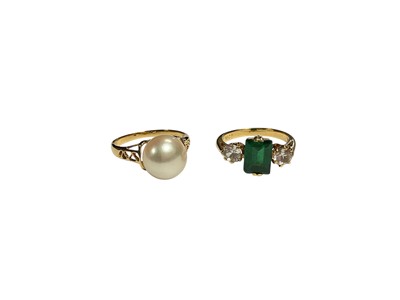 Lot 18 - 18ct gold cultured pearl ring, together with a synthetic green and white three stone ring on 18ct shank (2)