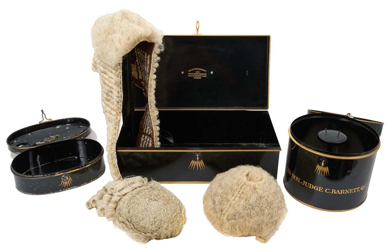 Lot 768 - Three Ede & Ravenscroft Judges' wigs in original fitted tin boxes named to His Hon. Judge C. Barnett, QC