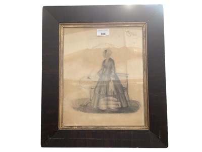Lot 888 - 19th century pencil portrait of a lady beside a table