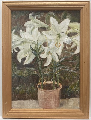Lot 83 - Olga Awty (1928-2014) three oils on board, Lilies, signed verso, 34cm x 24cm, 'Lowestoft plate with Tulips', 29cm x 25cm and 'View of Castle Combe, 29cm x 39cm, framed (3)