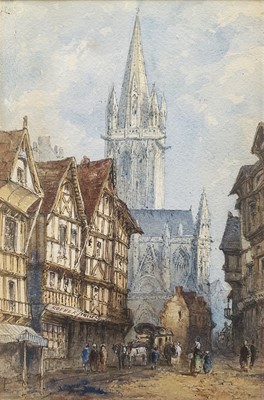 Lot 87 - 19th-century British School. Manner of Samuel Prout. 'The church of St.Pierre, Caen'. Watercolour. Indistinctly signed. Mounted but unframed.