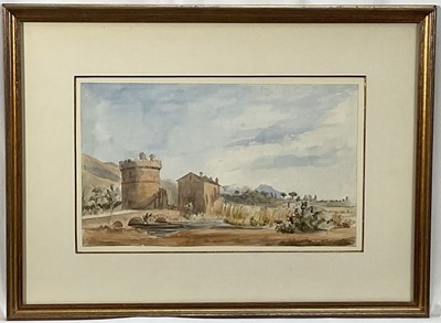 Lot 88 - British School circa 1850. 'Sketch on the Road to Tivoli near Villa Adriana'. Pencil and Watercolour. Provenance: Fry Gallery Label. Includes vendor's receipt.